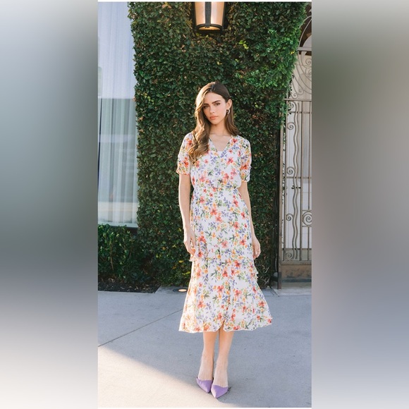 FLORAL PRINT DIALOG RUFFLES CHIFFON MIDI DRESS - Picture 2 of 7